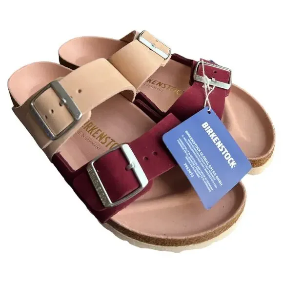Birkenstock Two-Tone Burgundy and Beige Arizona Sandals - Picture 1 of 13
